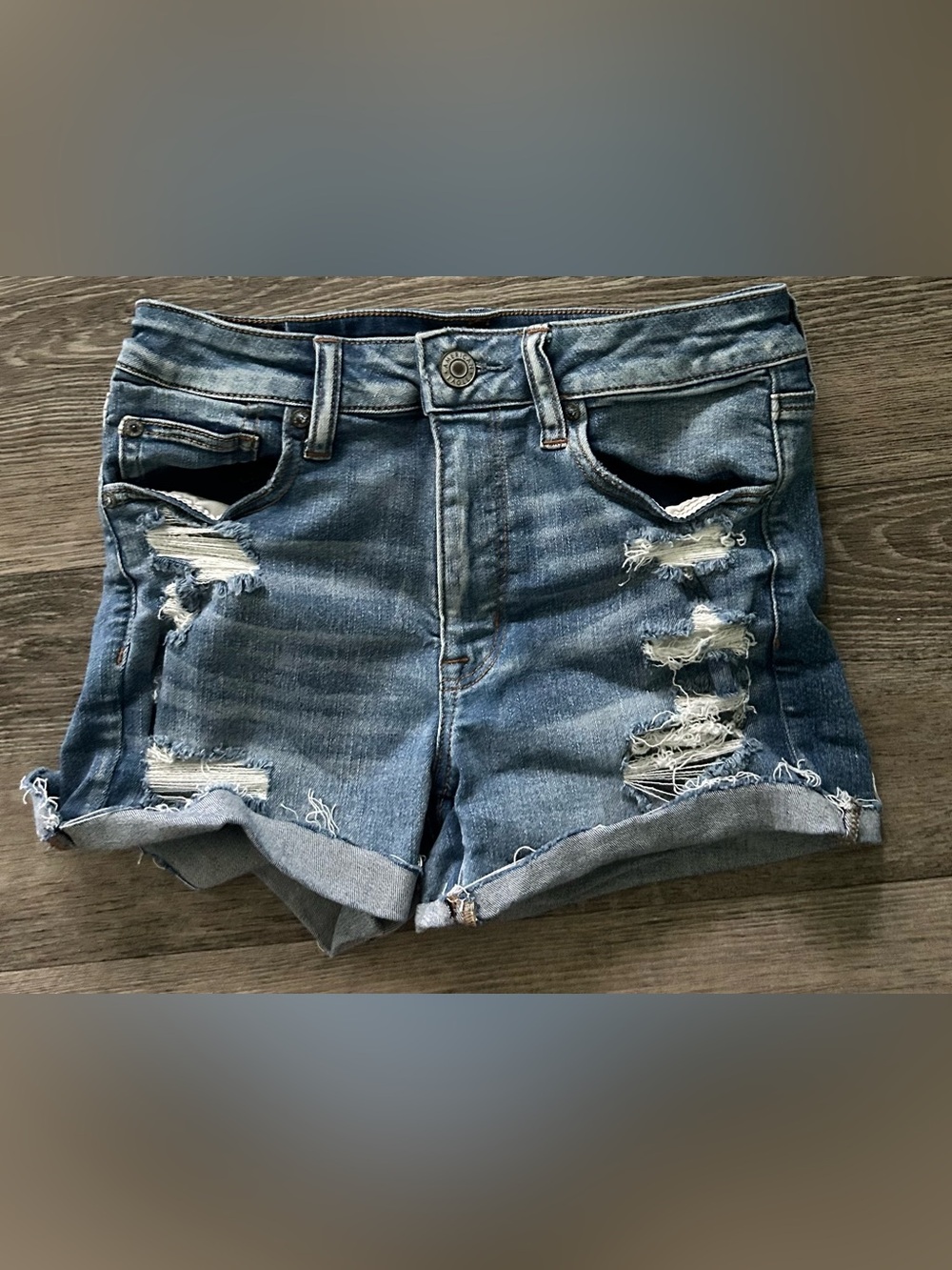 American Eagle Outfitters Ripped Blue Denim Roll-Cuff Shorts
